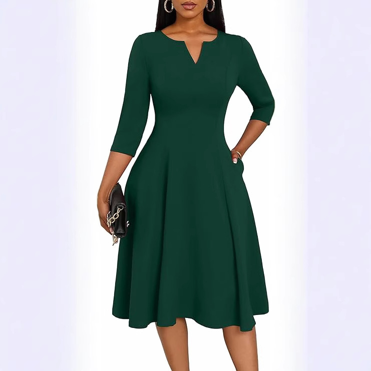 Amazon Midi Dress, Fitted Flare Dress, Three-Quarter Sleeve Wedding Guest Dress - Image 3