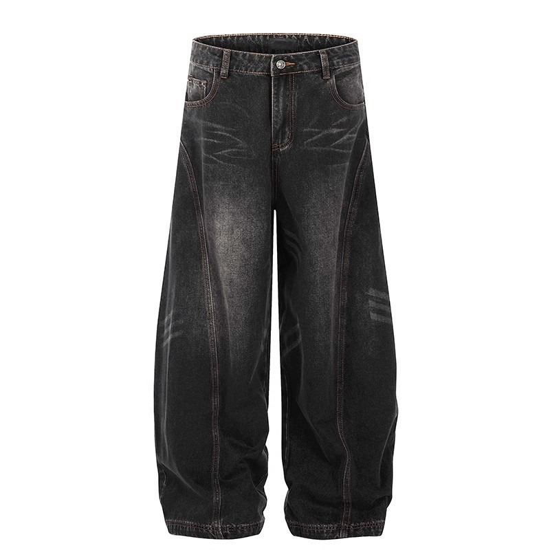 American retro washed cat whisker design black scimitar jeans for men and women wide-leg loose drape distressed pants - Image 7