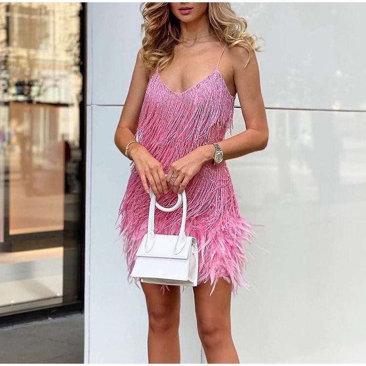 2026 Fashionable Tassel Sequin Multi-Colored Birthday Party Sexy V-Neck Suspender Feather Patchwork Dress - Image 2