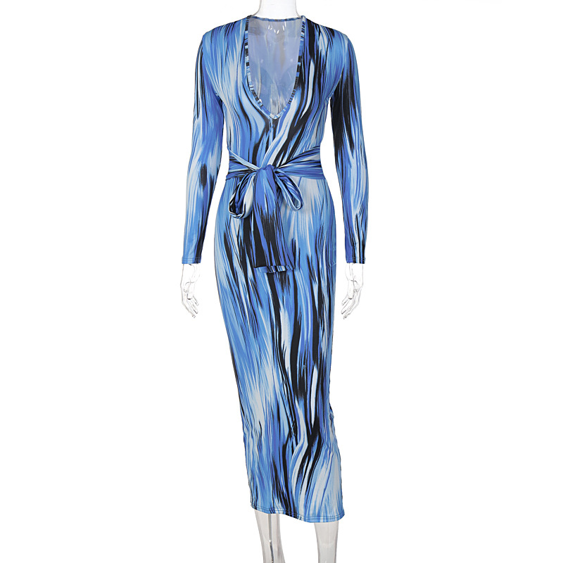 French hot-selling 2022 spring new feminine temperament personality printing long-sleeved V-neck dress cross-border wholesale - Image 5