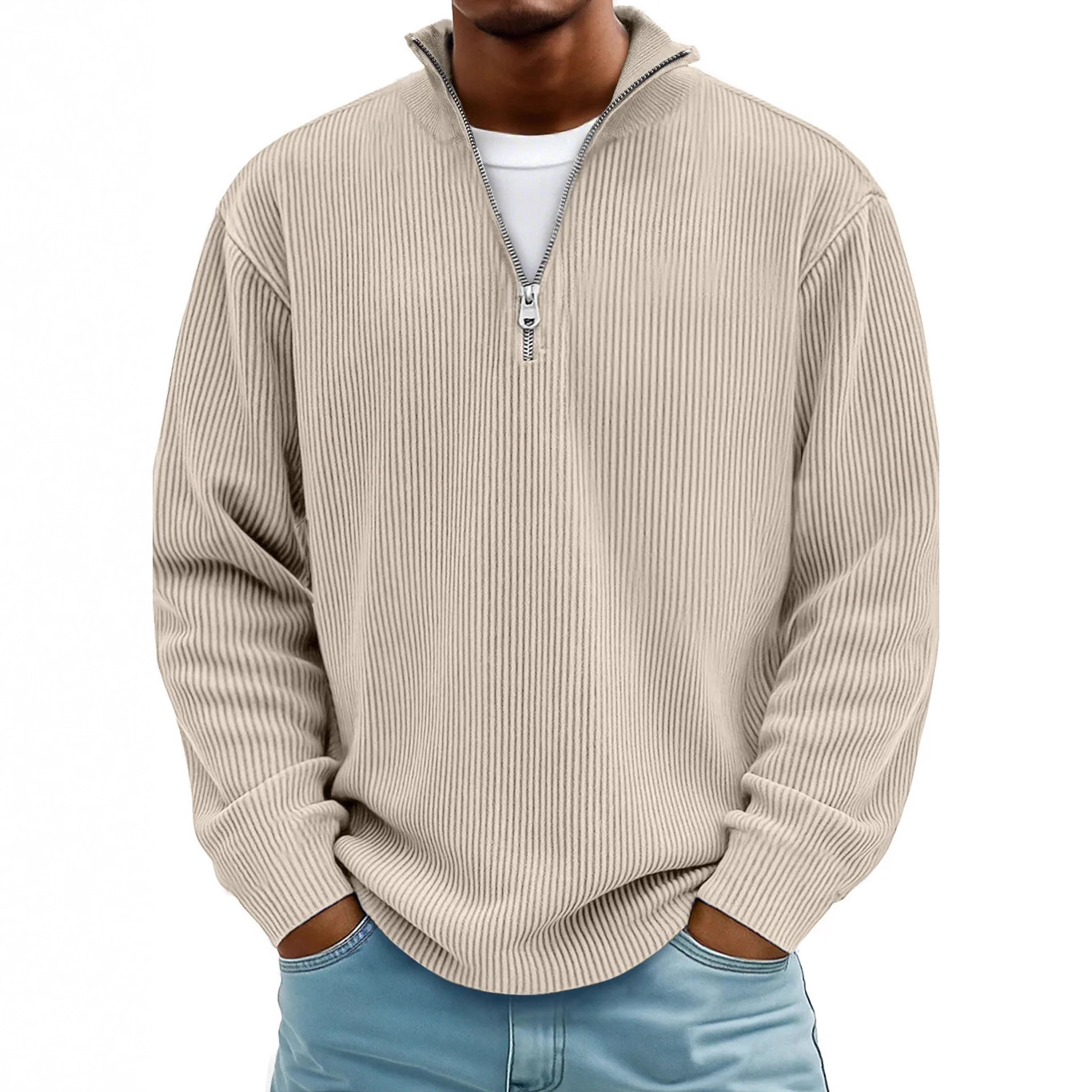 Amazon 2025 Fall/Winter New Men's Casual Stand Collar Zipper Corduroy Long Sleeve Polo Shirt/Sweatshirt - Image 2