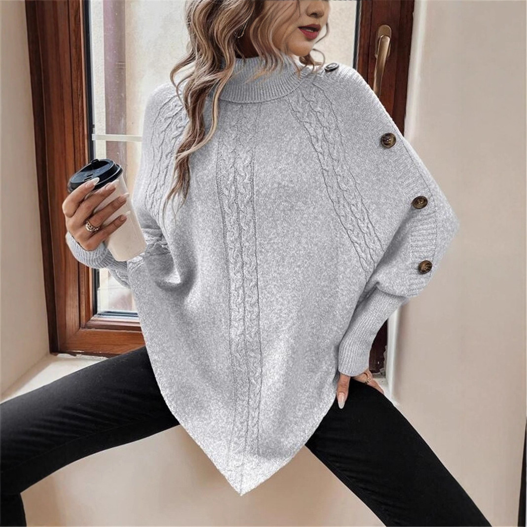 European and American style autumn/winter cable knit women's sweater, Amazon cross-border fashion high neck button decoration long sleeve batwing sweater - Image 2
