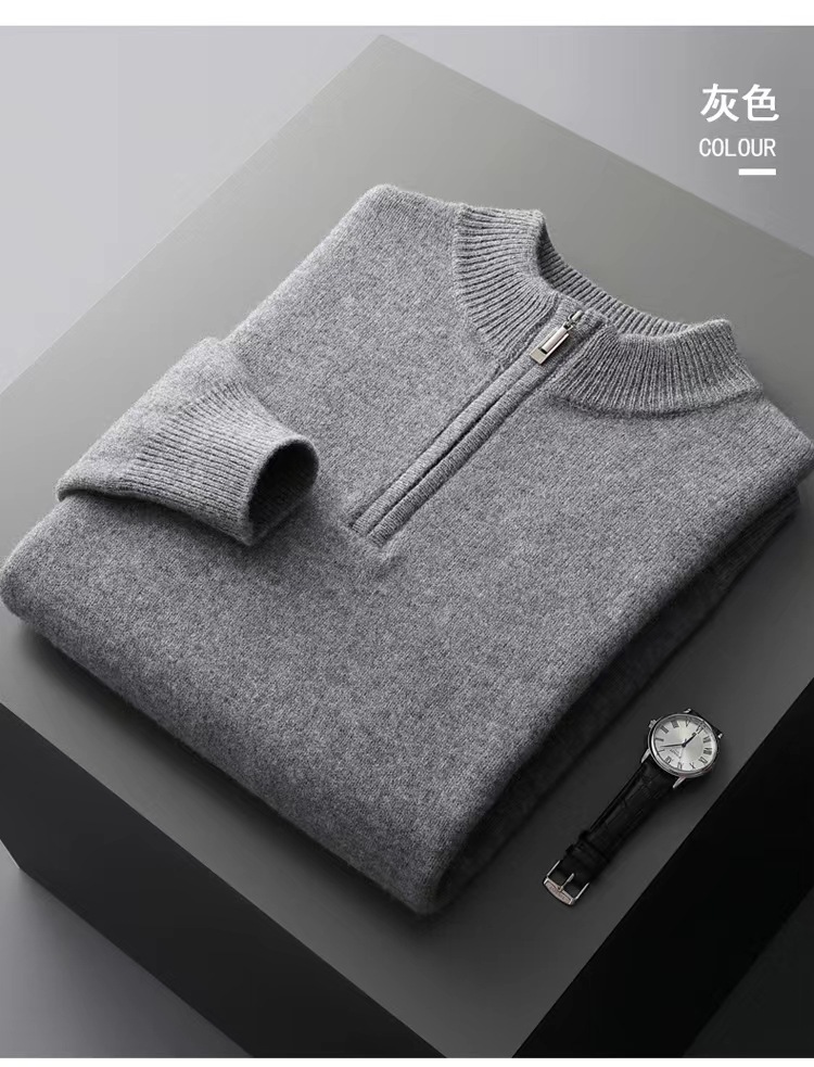100% wool sweater men's half turtleneck zipper thickened bottoming sweater autumn and winter business casual solid color cashmere sweater - Image 10