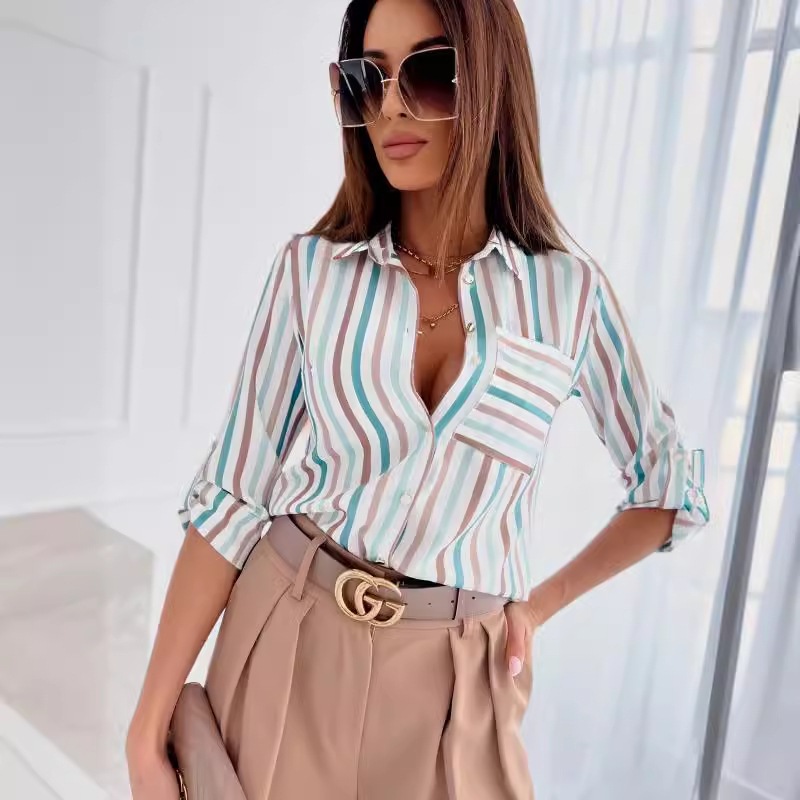 2023 European and American foreign trade women's clothing cross-border spring and autumn tops independent station Amazon long-sleeved shirt printed shirt women - Image 2