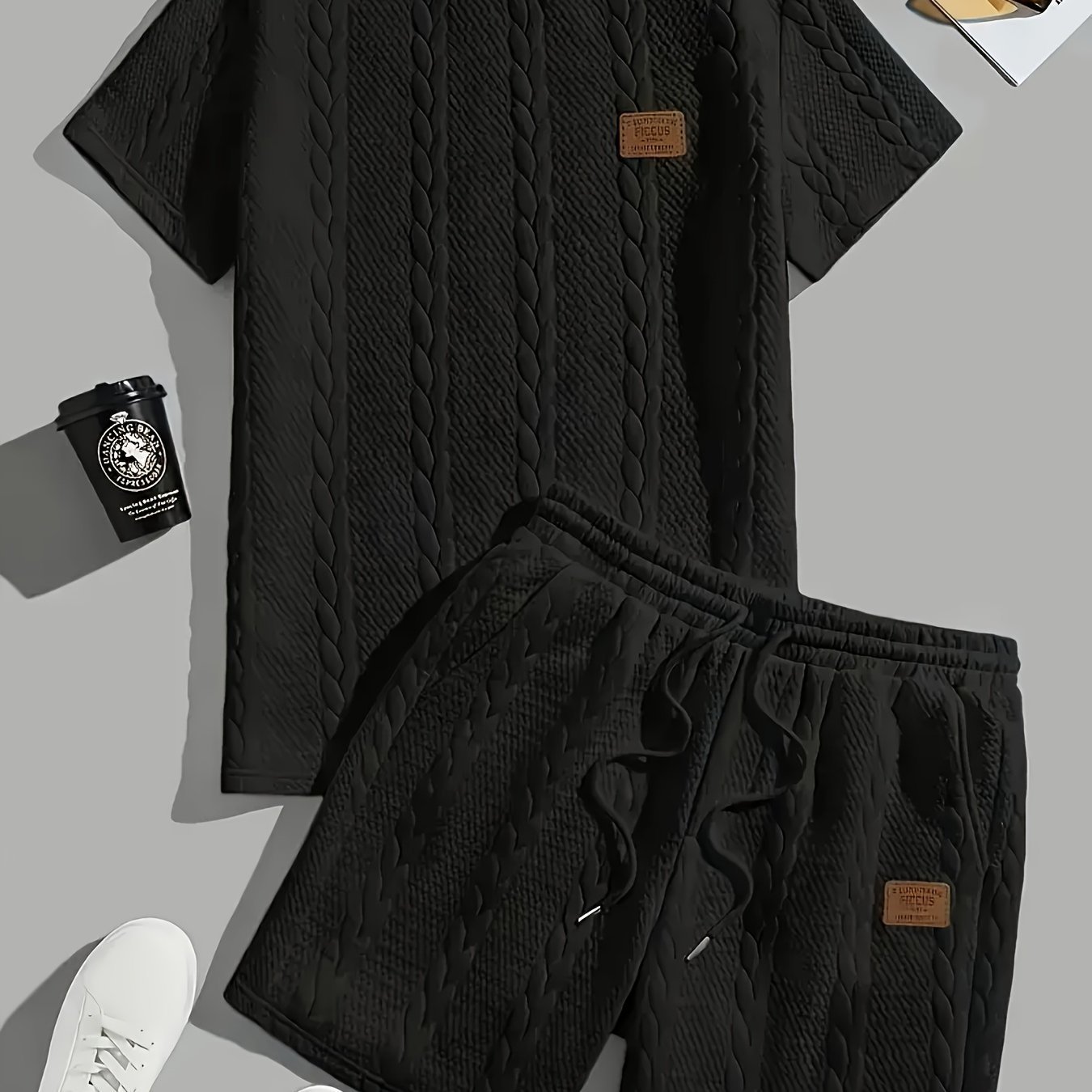 Cross-border European and American style men's solid color patchwork design overseas style summer 2025 knitted casual ribbed short-sleeved two-piece set - Image 6