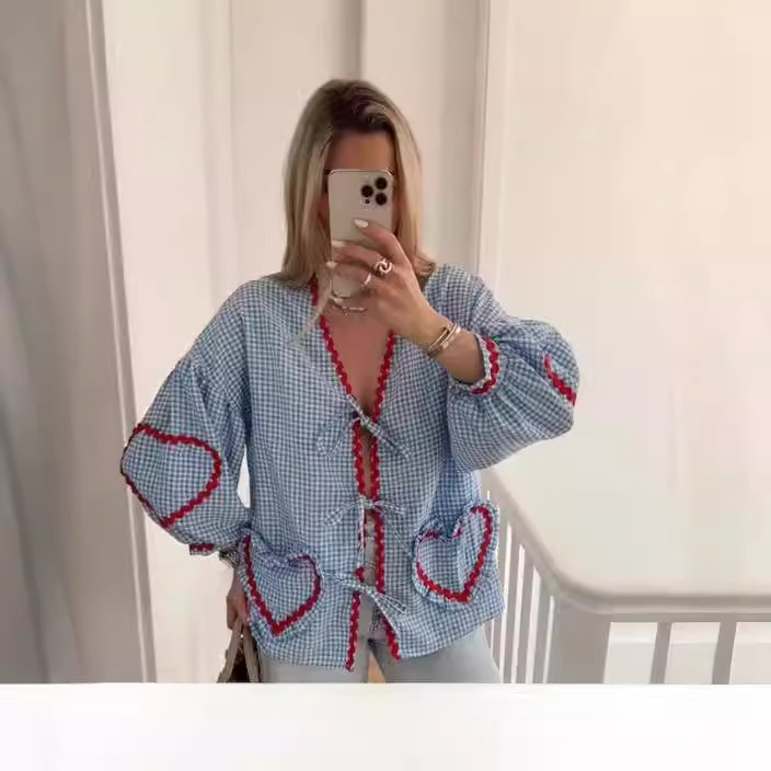 GY25071 Fashion contrast color plaid lantern sleeve top - Image 2