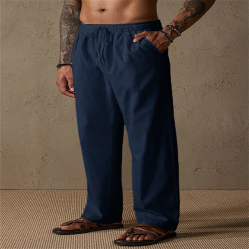 Cross-border European and American style men's linen drawstring solid color breathable outdoor loose casual straight leg cotton linen trousers - Image 12