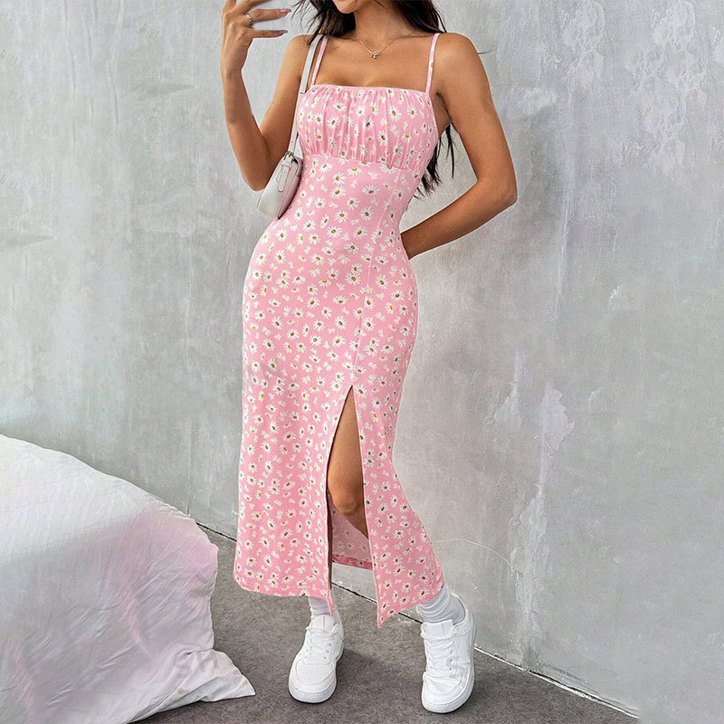 2025 New Foreign Trade Amazon Spring/Summer Camisole Strapless Slit Daisy Bodycon Print Midi Dress for Women