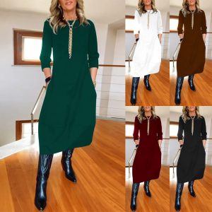 2024 Amazon European and American cross-border foreign trade autumn and winter new all-match solid color loose round neck long-sleeved dress women's clothing