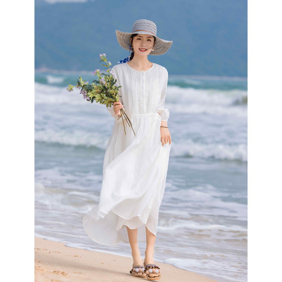 2024 Spring/Summer New Arrival: White Flowy Linen Lace-Trimmed Lantern Sleeve Tie-Waist Slimming Dress - Image 4
