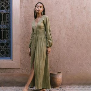 Women's Retro V-Neck Pleated Long-Sleeve Dress