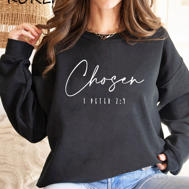 Cross-border foreign trade independent station women's fleece round neck sweater plain color slogan letter printing long-sleeved sweater - Image 7