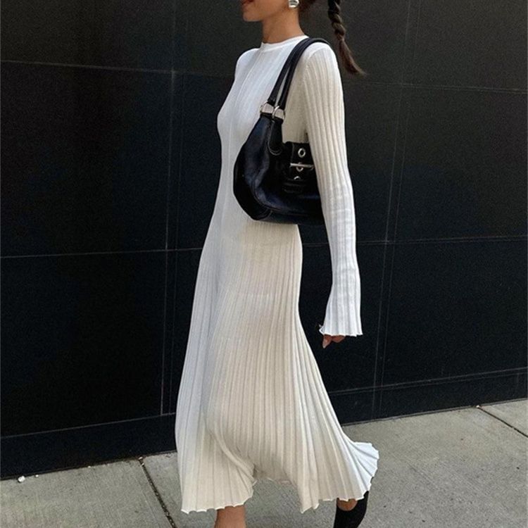 Long-sleeved round neck tight knitted long skirt 2023 new autumn sweater skirt pit solid color bottoming European and American dress - Image 7