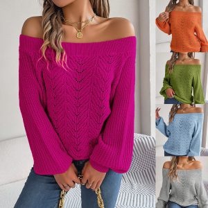 Real shot of 2025 Autumn/Winter casual solid color hollowed-out off-shoulder lantern sleeve sweater. Independent website cross-border women's clothing.