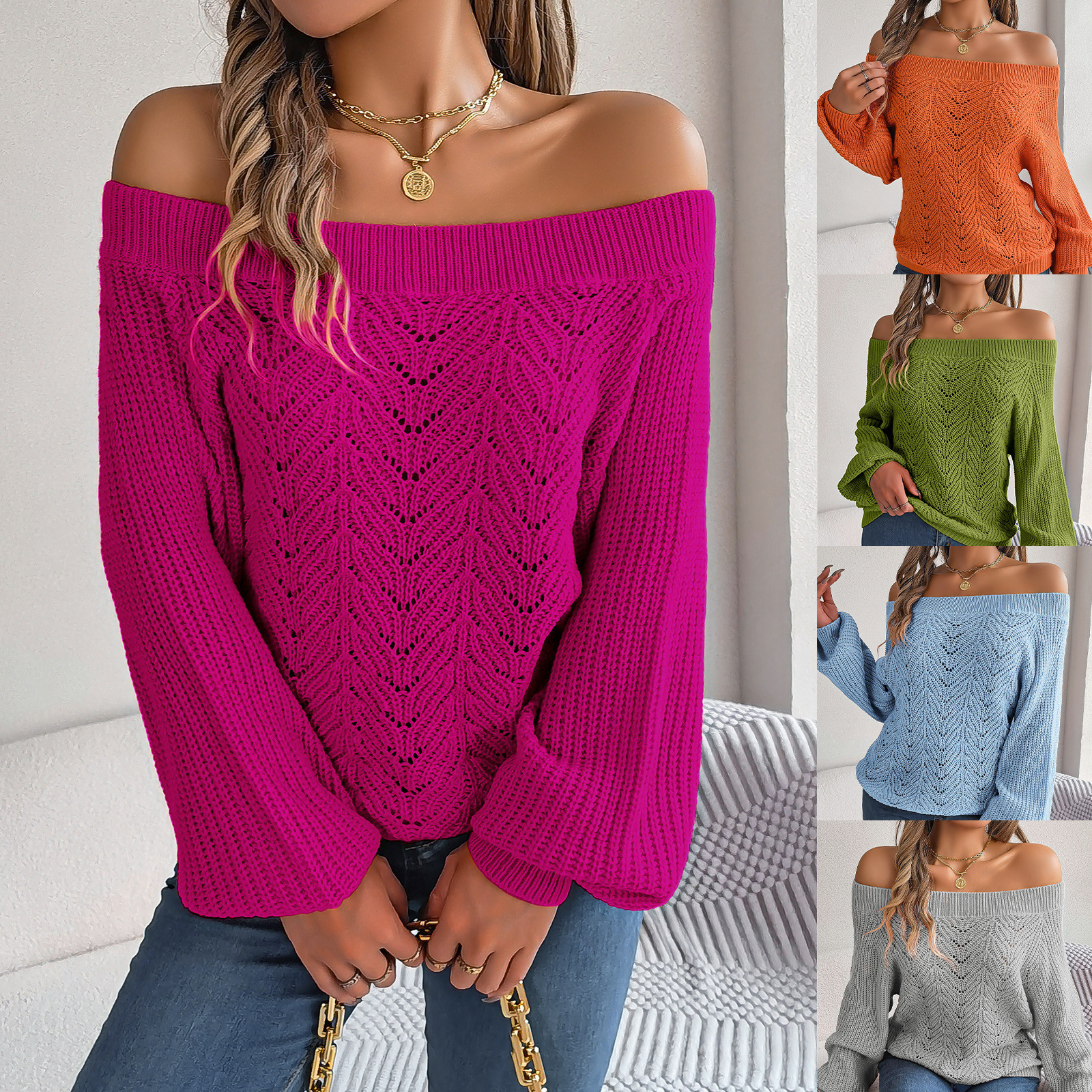 Real shot of 2025 Autumn/Winter casual solid color hollowed-out off-shoulder lantern sleeve sweater. Independent website cross-border women's clothing.