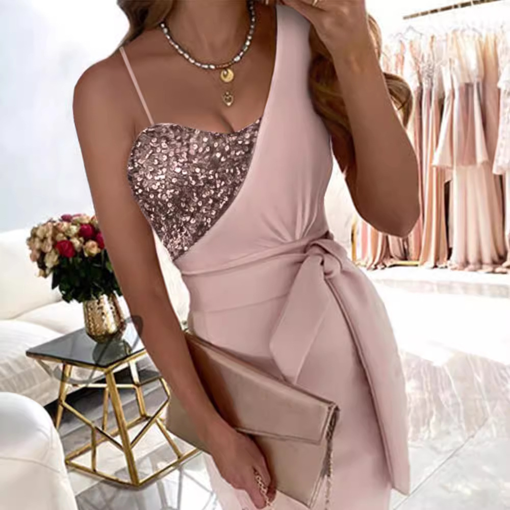 New cross-border women's solid color fashion sequined dress, one-shoulder halter evening dress - Image 6