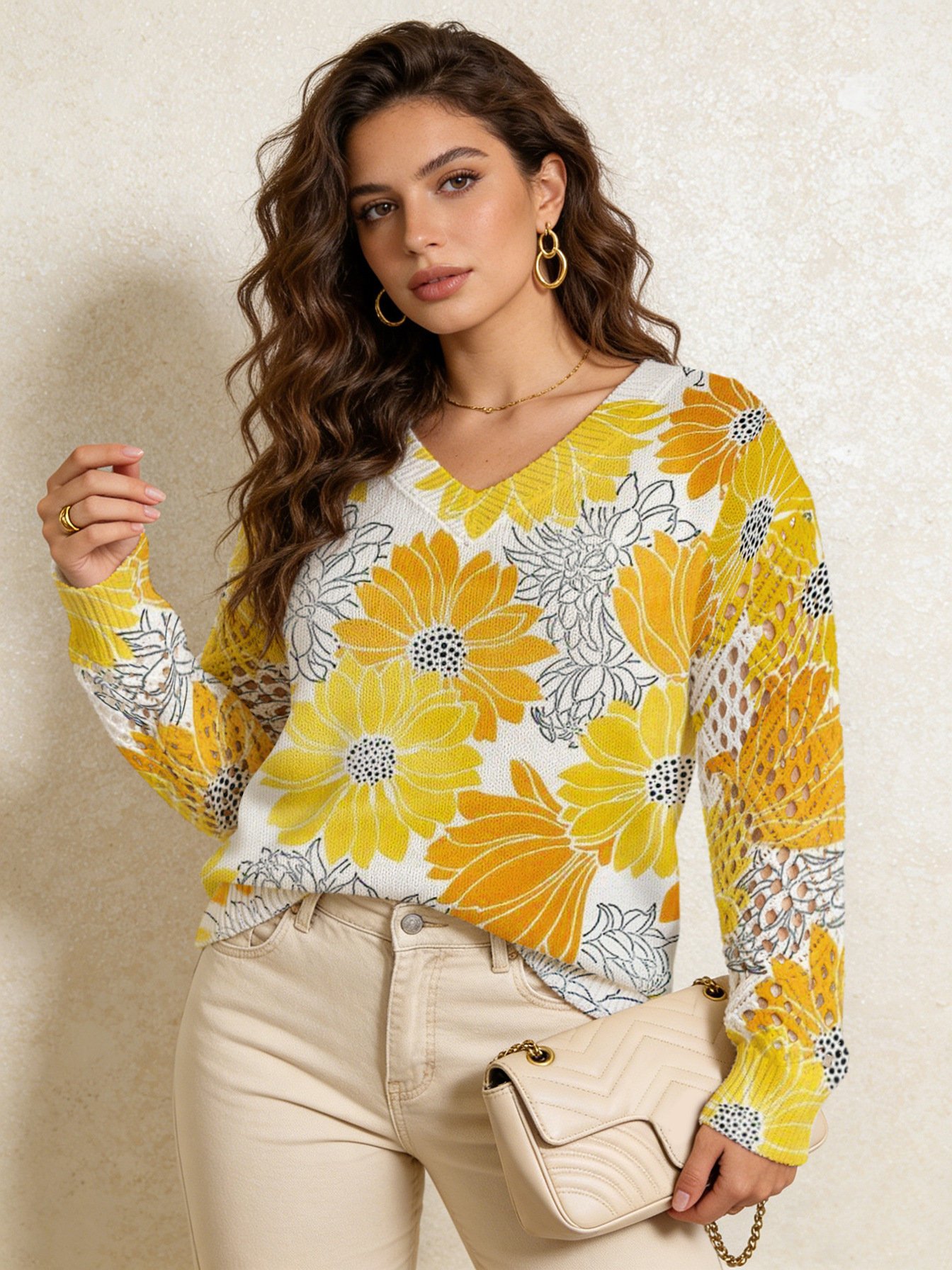 Cross-border AliExpress V-neck printed T-shirt, spring/summer T-shirt, retro pastoral style, all-over floral print, loose casual wholesale. - Image 19