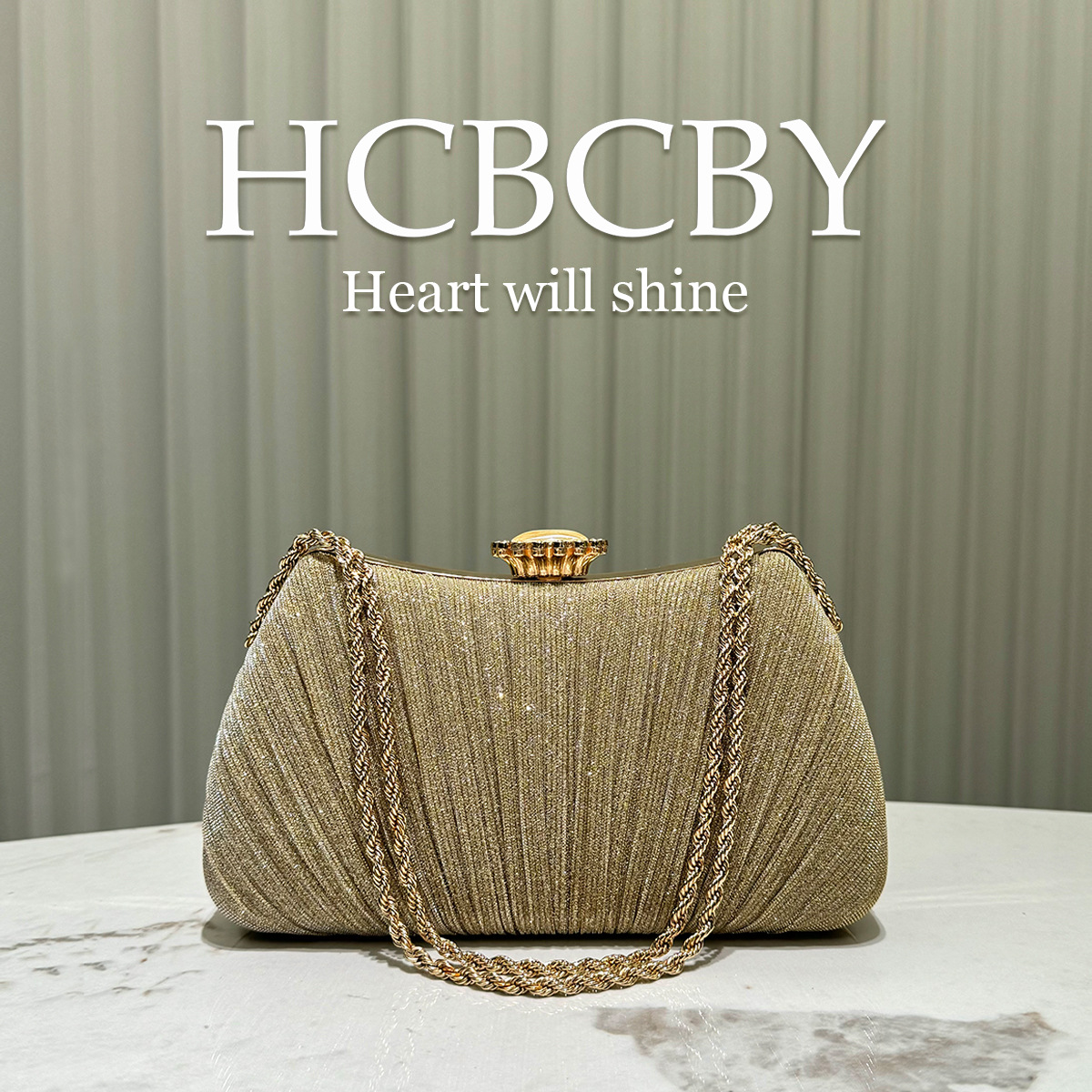 Gold glitter pleated chain decoration handbag evening bag women's fashionable and elegant handbag evening bag