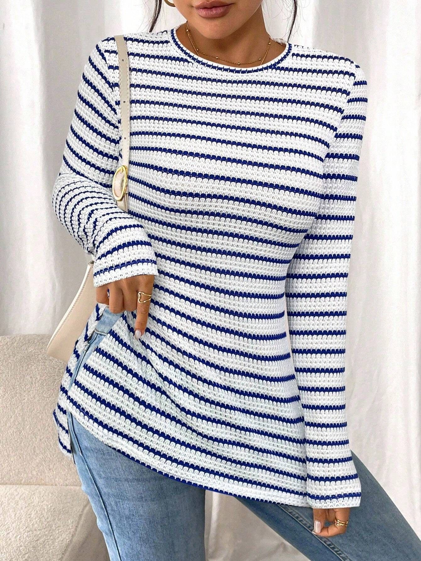 New European and American cross-border foreign trade women's round neck casual striped base layer top with side slit sexy T-shirt, slimming - Image 7