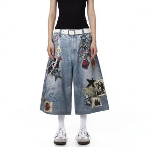 American street style denim shorts with patchwork 3D design, unisex summer trendy casual cropped pants