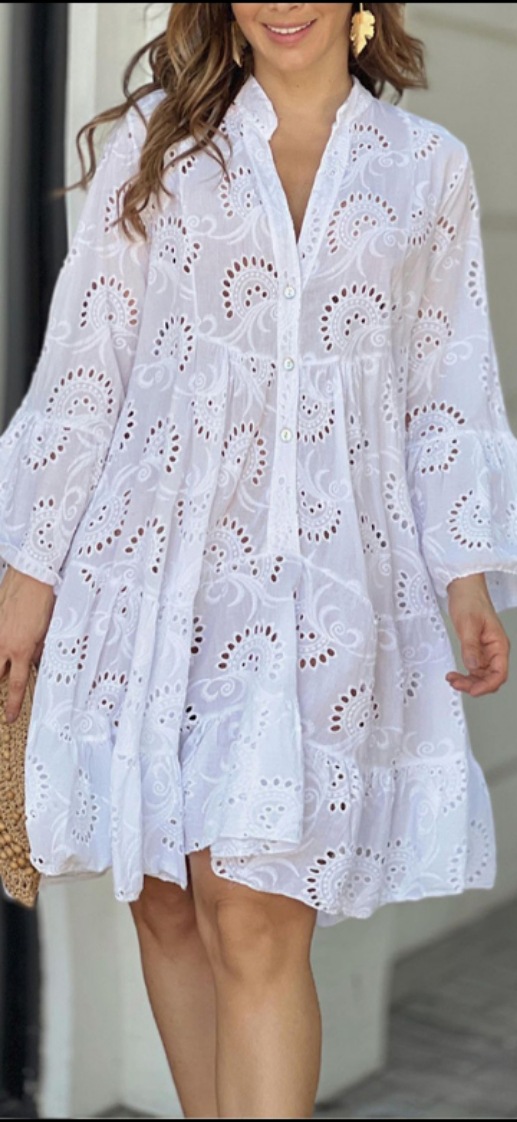 2023 European and American cross-border spring and summer Amazon solid color V-neck loose embroidery hollow lace flower sexy dress - Image 9
