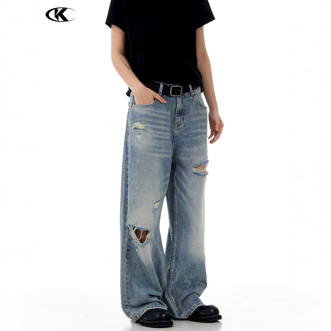11KN American Retro Washed Blue Straight Leg Ripped Jeans, Unisex, Loose Fit, Slimming A-line Wide Leg Casual Pants - Image 5