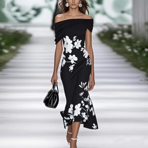 2025 European and American Women's Clothing, Cross-border Amazon, Digital Printed Off-Shoulder Short-Sleeve Summer Dress