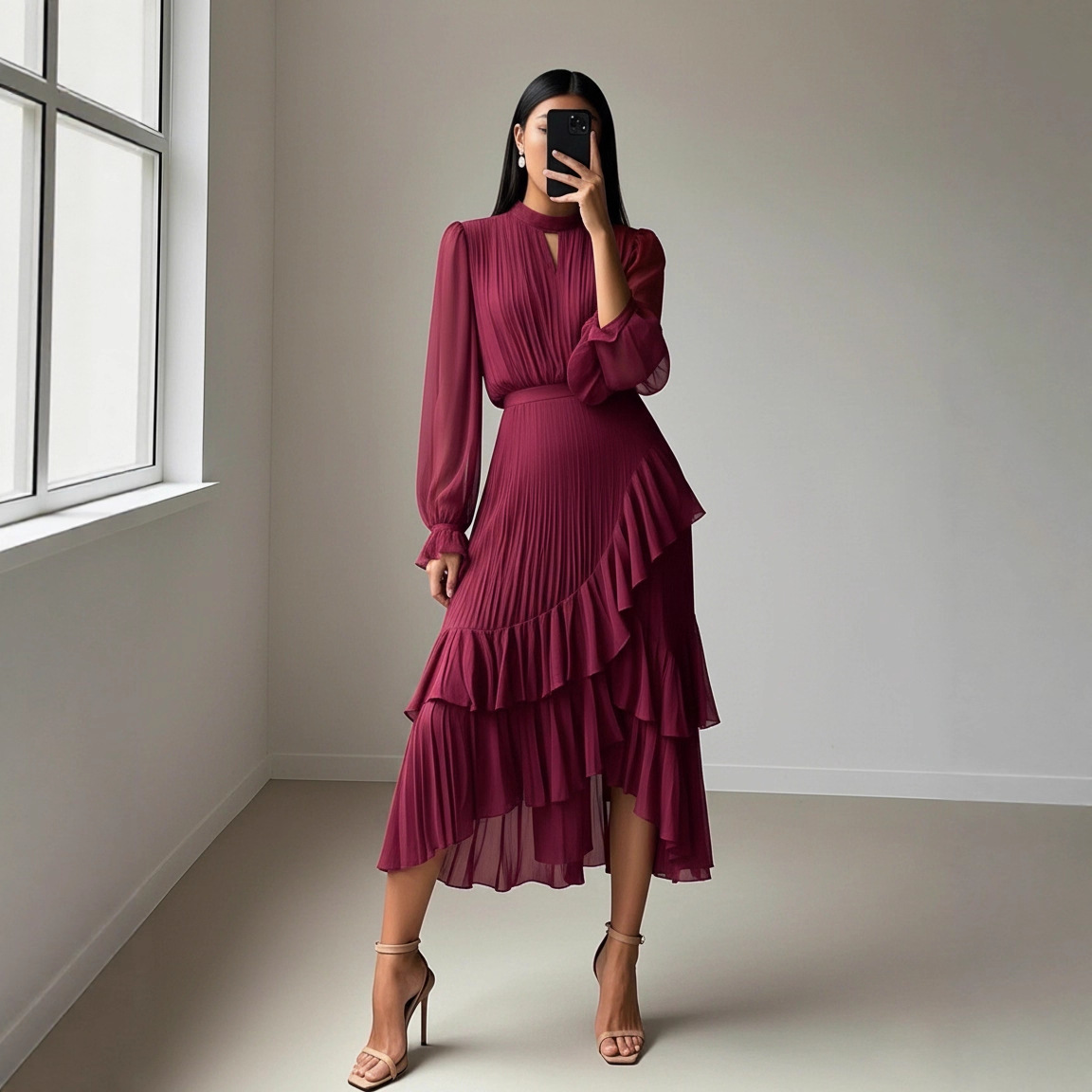 2025 European and American cross-border new solid color dress, Middle Eastern foreign trade ruffled pleated dress, midi skirt, Amazon. - Image 3