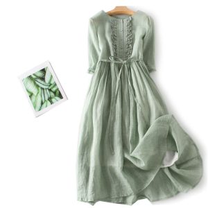 2023 Artistic Retro Ramie Round Neck Double-layer Fairy Lace-up Waist Medium-length Travel Dress Spring and Summer Women's Thin
