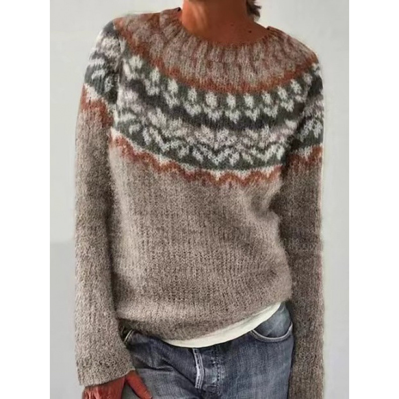 Amazon European and American new sweater women wish hot sale round neck color matching loose fashion pullover sweater - Image 4
