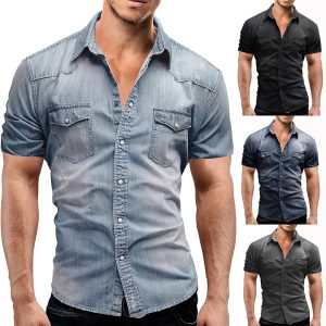 Hong Kong trendy brand 2023 summer new casual solid color men's denim short-sleeved shirt casual large size designer style
