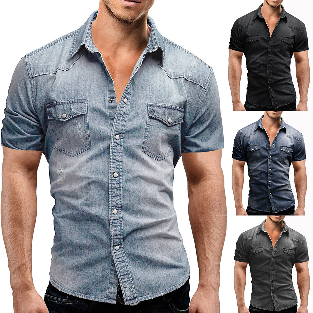 Hong Kong trendy brand 2023 summer new casual solid color men's denim short-sleeved shirt casual large size designer style