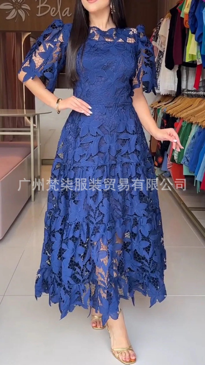 European and American cross-border e-commerce, 2025 summer Amazon independent store, elegant and fashionable heavy-duty hollowed-out lace solid color dress. - Image 11