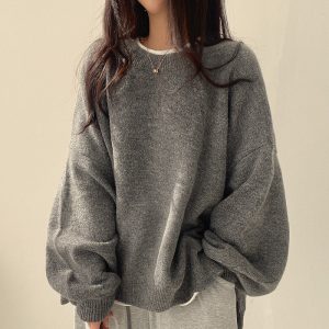 chic autumn and winter French lazy style round neck side slit loose casual versatile long sleeve warm knitted sweater