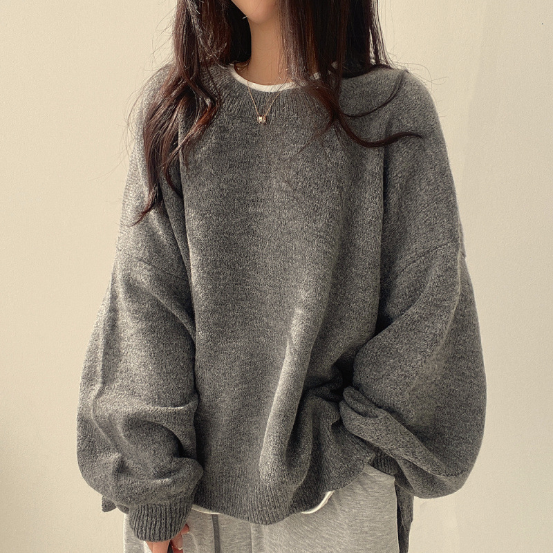 chic autumn and winter French lazy style round neck side slit loose casual versatile long sleeve warm knitted sweater