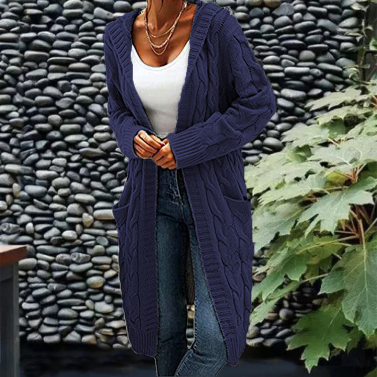 New cross-border e-commerce product, European and American foreign trade, Amazon, solid color loose knitted cardigan, chunky cable knit mid-length sweater coat for women. - Image 6