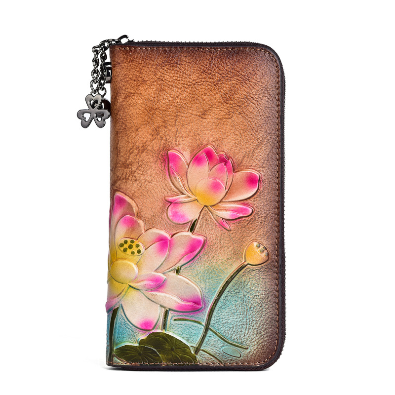 Wallet women Chinese style long small hand bag first layer cowhide zipper mobile phone bag embossed retro color coin purse - Image 7