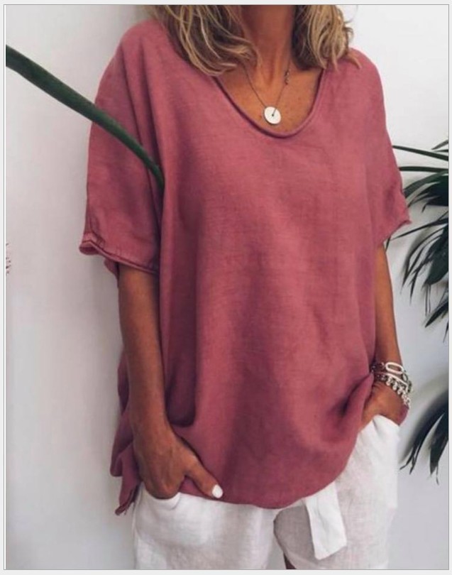Cross-border e-commerce 2025 Amazon Europe and America Summer New Solid Color Loose Short Sleeve Casual Cotton Linen T-shirt - Image 8