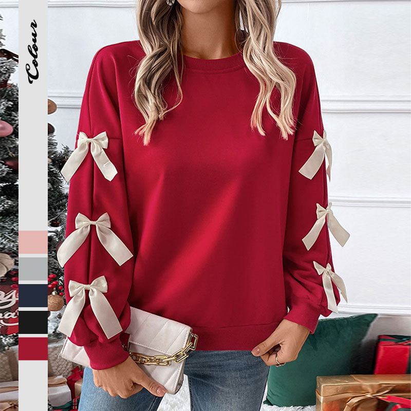 Amazon Fall/Winter Bestseller: Sweet Style Round Neck Bow Tie Red Christmas Sweatshirt for Women (European and American Style)