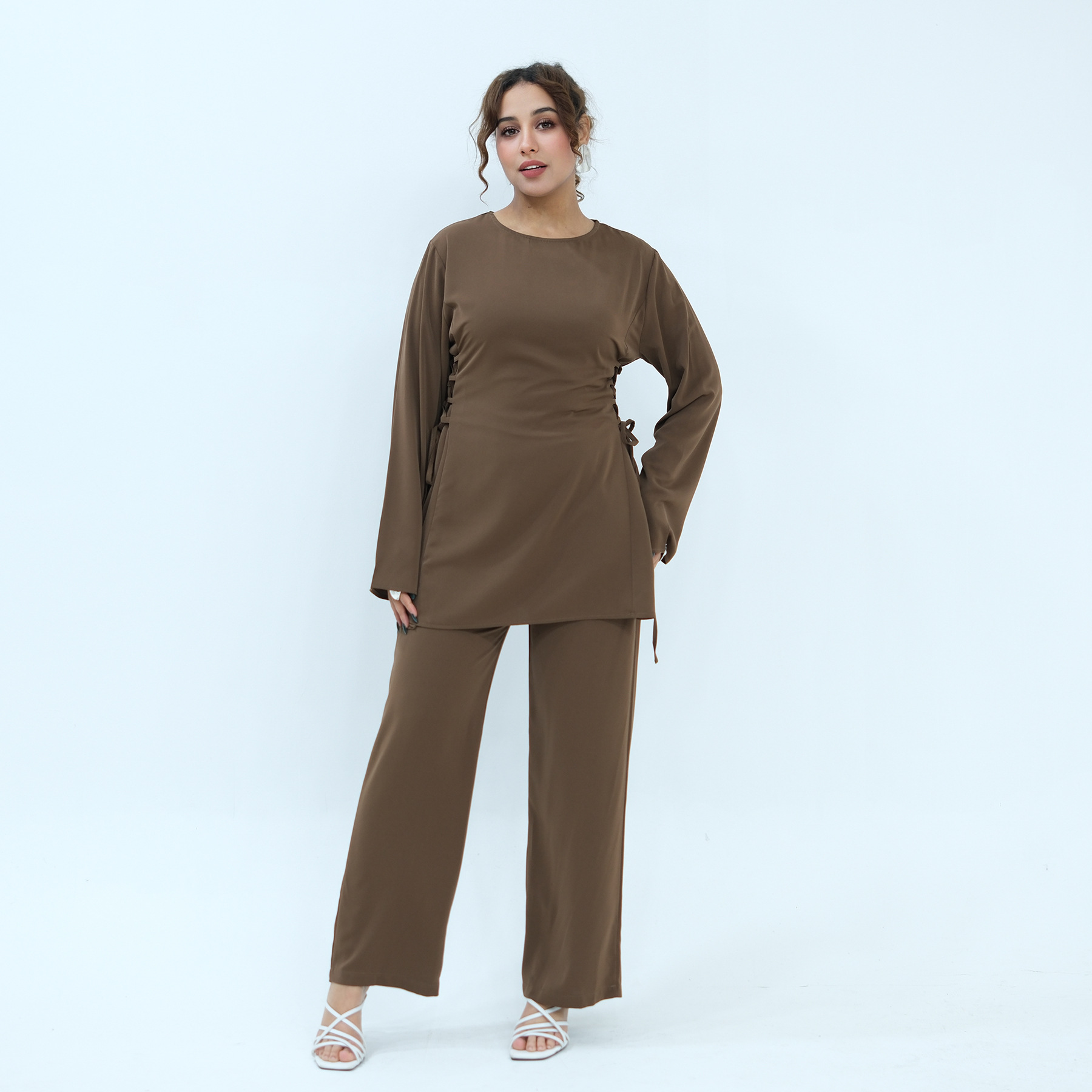 Ai Yirui's real-shot product, cross-border solid color waist-cinching two-piece set 1090 - Image 5