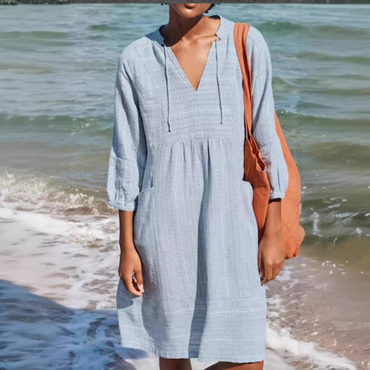 2023 Spring European and American New Jacquard Cotton and Linen Dress Amazon Hot Item V-neck Casual Loose Pocket Dress - Image 2