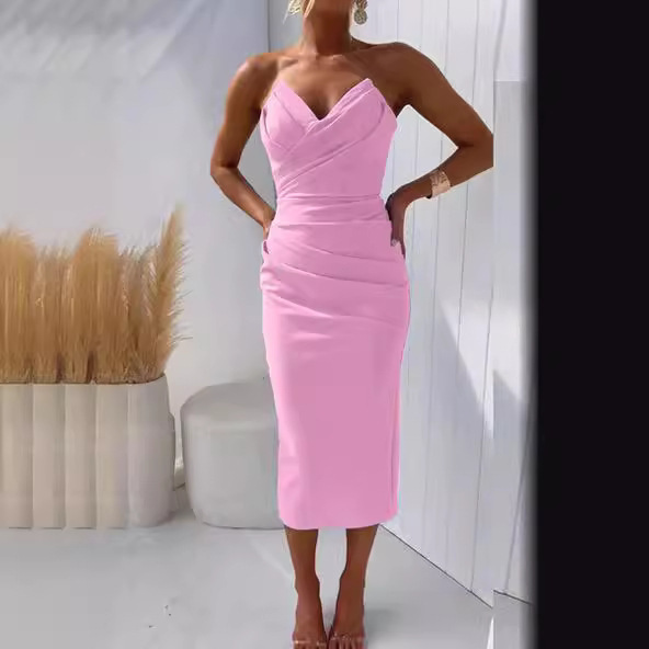 2024 Cross-Border Hot Selling Independent Website Fashionable European and American Sexy Elegant Strapless Slit Solid Color Dress - Versatile - Image 2