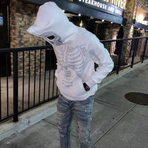European and American Amazon cross-border wholesale hot bead skull hoodie graphic white oversized hoodie long-sleeved top