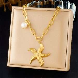 European and American style, fashionable, simple, light luxury, ocean-themed, gold-plated starfish pendant, pearl pendant chain, stainless steel necklace