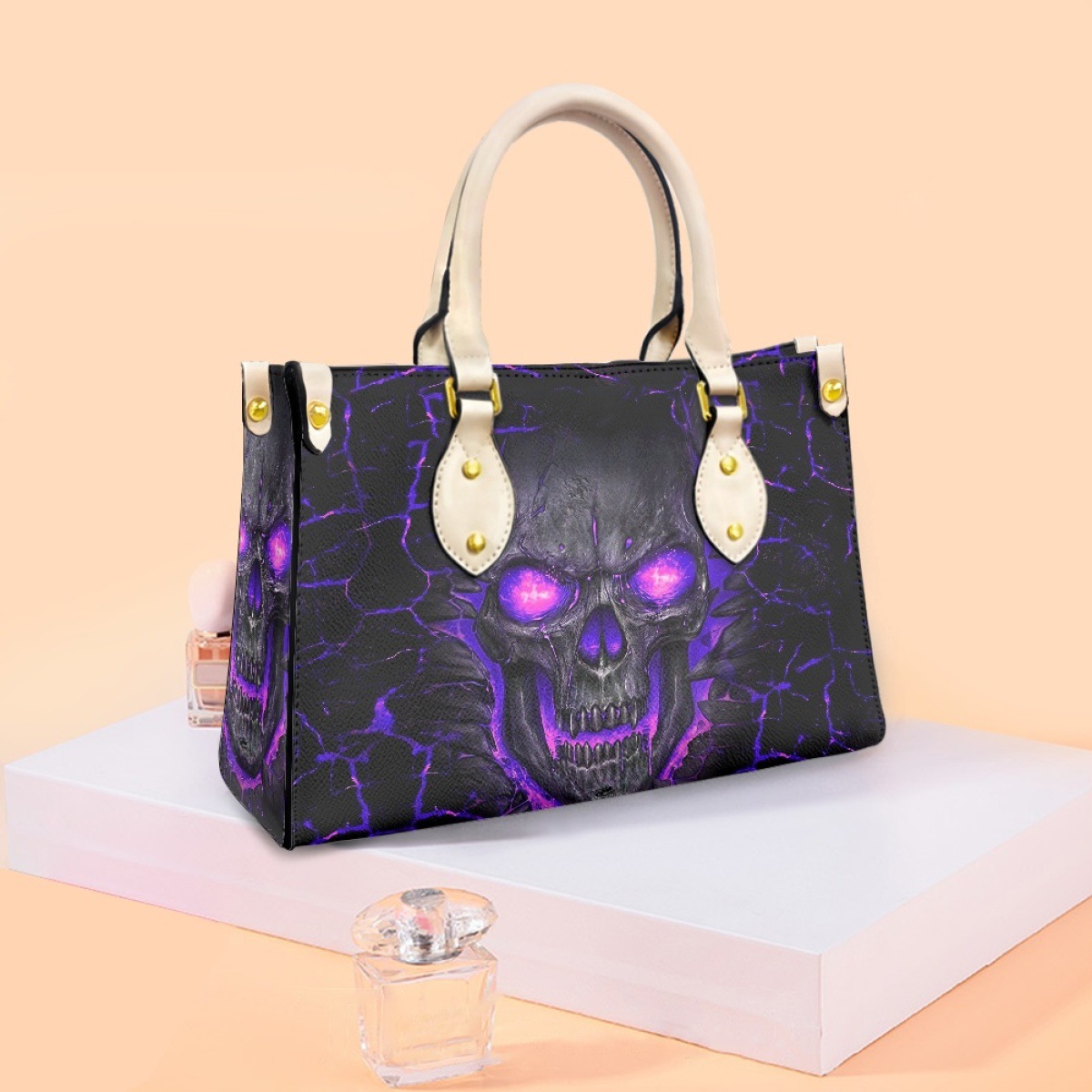 Women's bag cross-border independent station trendy skull print bag fashionable and generous ladies PU hand carry light commuter bag - Image 2