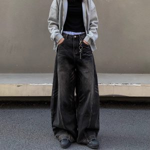 American retro washed cat whisker design black scimitar jeans for men and women wide-leg loose drape distressed pants