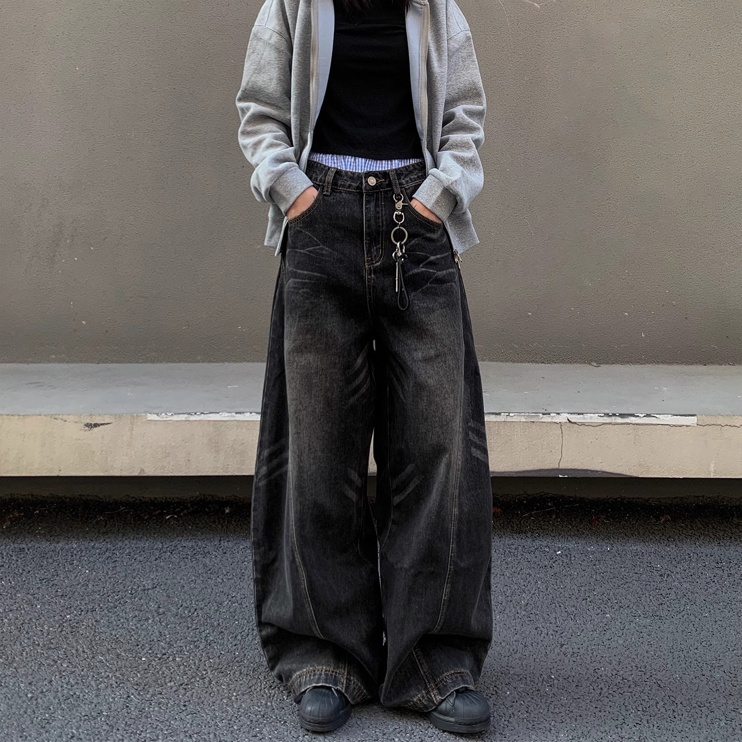 American retro washed cat whisker design black scimitar jeans for men and women wide-leg loose drape distressed pants