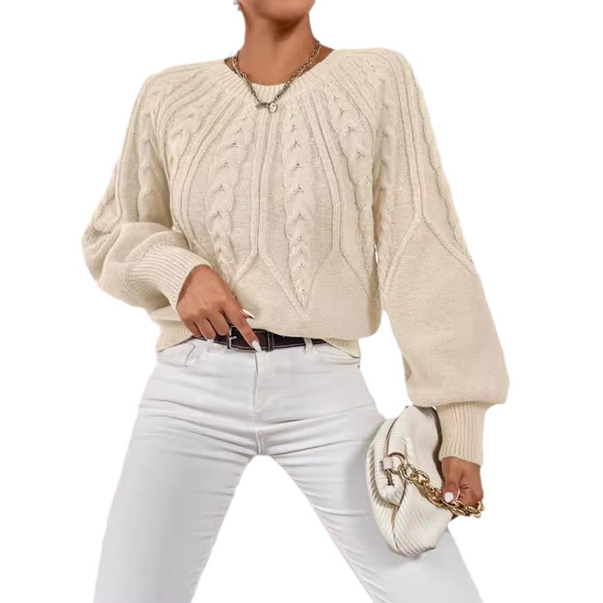 Amazon pullover crew neck knit sweater, cross-border foreign trade, long-sleeved cable knit solid color autumn and winter versatile knit top for women - Image 5