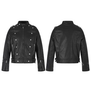 American-style stand-up collar double-breasted studded motorcycle PU leather jacket, unisex short style with a fitted waist and belt, trendy and cool street style leather jacket.