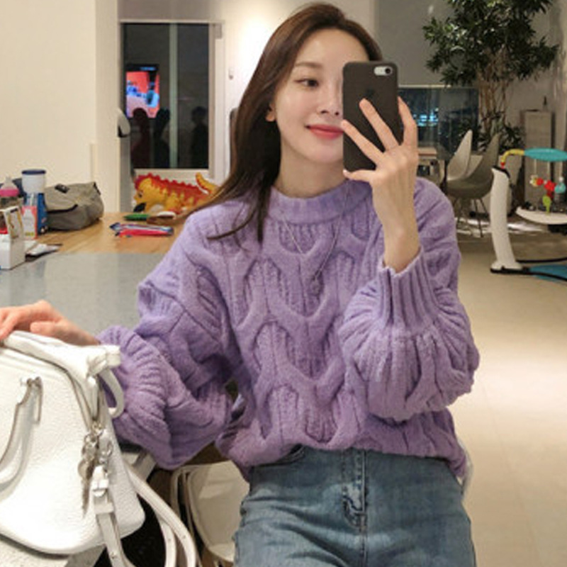 Lantern puff sleeve round neck cable knit pullover sweater for women, autumn and winter, lazy style, Korean style, loose and thick cable knit sweater - Image 2